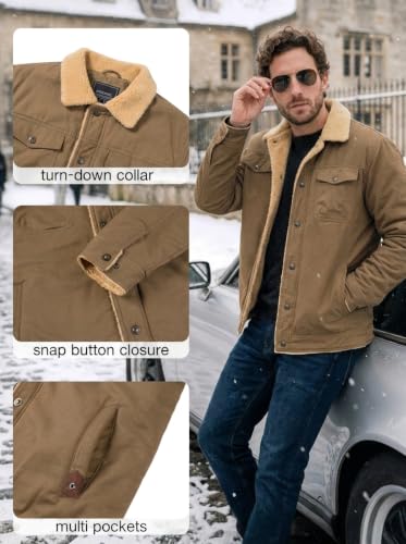MAGNIVIT Mens Winter Jacket Thick Warm Fleece Lined Trucker Cargo Coat - color: Khaki, size: Medium