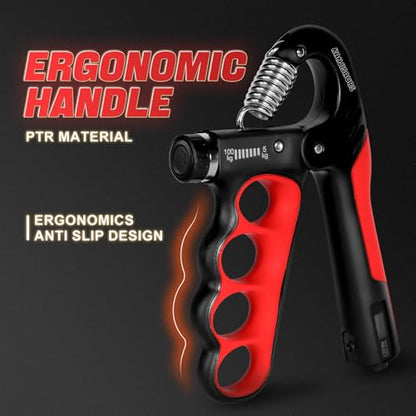 Grip Strength Trainer, Adjustable Resistance Forearm Strengthener with 11-220Lbs (5-100KG), Digital Counter, Ergonomic Hand Gripper Strengthener for Musicians, Athletes & Injury Recovery