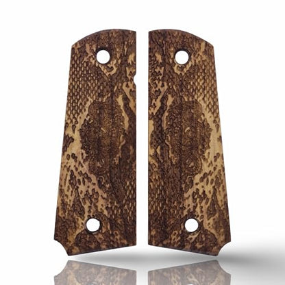Art Series 1911 Pistol Grips – Handcrafted Walnut Wood Panels with Unique Engraved Designs | Oil Finish | Fits Full-Size 1911 Clones - color: Snake Scale