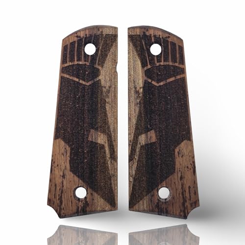 Art Series 1911 Pistol Grips – Handcrafted Walnut Wood Panels with Unique Engraved Designs | Oil Finish | Fits Full-Size 1911 Clones - color: Iron Sentinel