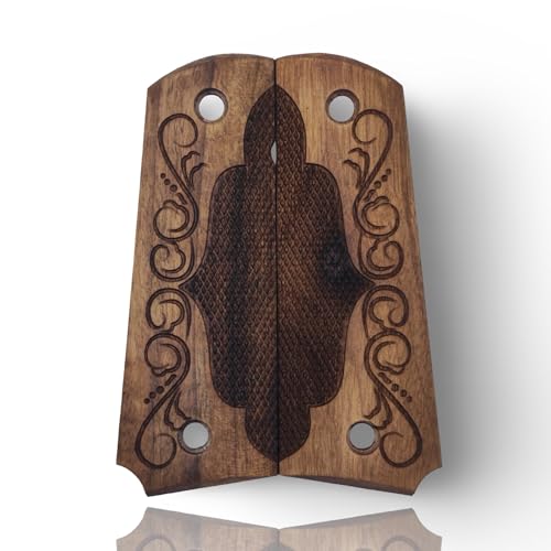 Art Series 1911 Pistol Grips – Handcrafted Walnut Wood Panels with Unique Engraved Designs | Oil Finish | Fits Full-Size 1911 Clones - color: Ornamental Scroll