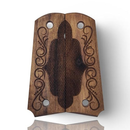 Art Series 1911 Pistol Grips – Handcrafted Walnut Wood Panels with Unique Engraved Designs | Oil Finish | Fits Full-Size 1911 Clones - color: Ornamental Scroll