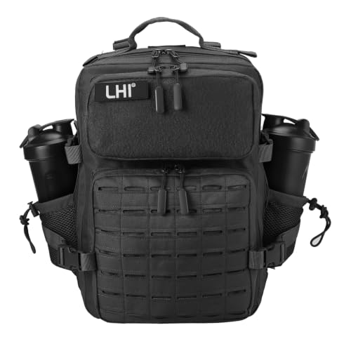 LHI Tactical Military Backpack for Men 25L/45L Large Molle Army Assault Pack 3 Day Hiking Rucksack With Bottle Holder - color: Black, size: 25L