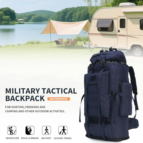 100L Hiking Camping Backpack MOLLE Rucksack Waterproof Daypack (Blue) - color: Blue