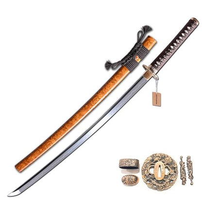 MURASAME Katana Sword 41" T10 Steel Clay Tempered Razor Sharp Blade Full Tang Handmade - color: Yellow-Dragon