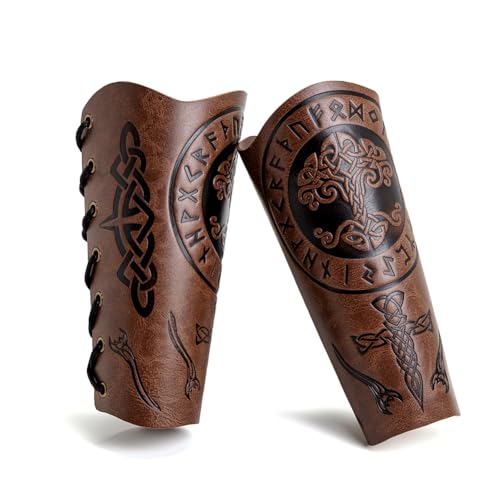 Leather Bracers for Men - Viking Embossed Medieval Arm Archery Guard Gauntlet Costumes - color: Hbr059-tree Brown