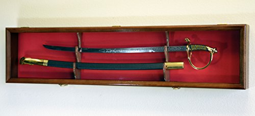 1 Sword Display Case Cabinet Stand Holder Wall Rack Box - Lockable w/ 98% UV Protection - color: Walnut