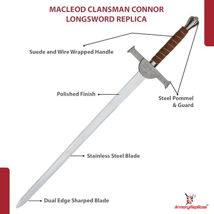Armory Replicas™ Connor MacLeod Sword Replica from Highlander – Stainless Steel Blade, 31.25” Length, Suede & Wire Wrapped Handle, Intricate Cross Guard with Family Insignia, Leather Sheath Included