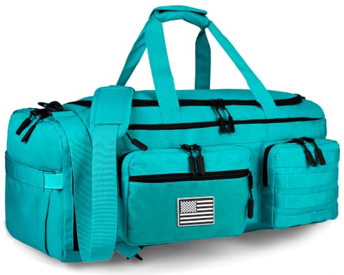 LHI 50L Tactical Duffle Bag for Men, 3-in-1 Gym Duffle and Backpack, Shoe Compartment, Laptop Sleeve and MOLLE, Carry-On Travel Weekender and Overnight Bag – Lake blue - color: Lake blue