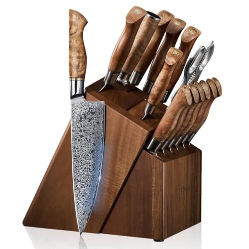 SENKEN 16-Piece Damascus Knife block Set - The Dynasty Collection - Japanese VG10 Damascus Steel with Natural Sycamore Wood Handles, Steak Knives, Scissors, & Sharpening Rod (16-Piece Knife Block Set) - size: 16-Piece Knife Block Set