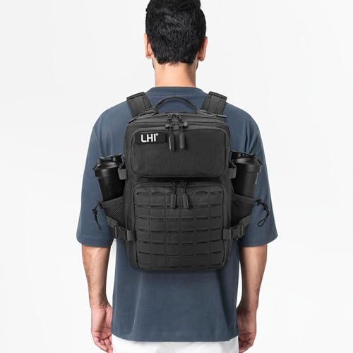 LHI Tactical Military Backpack for Men 25L/45L Large Molle Army Assault Pack 3 Day Hiking Rucksack With Bottle Holder - color: Black, size: 25L