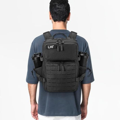 LHI Tactical Military Backpack for Men 25L/45L Large Molle Army Assault Pack 3 Day Hiking Rucksack With Bottle Holder - color: Black, size: 25L