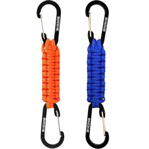 BRAVESHINE Paracord Keychain Carabiner Clip | D Ring Hanger Lanyard Hook - color: 1 Orange 1 Blue
