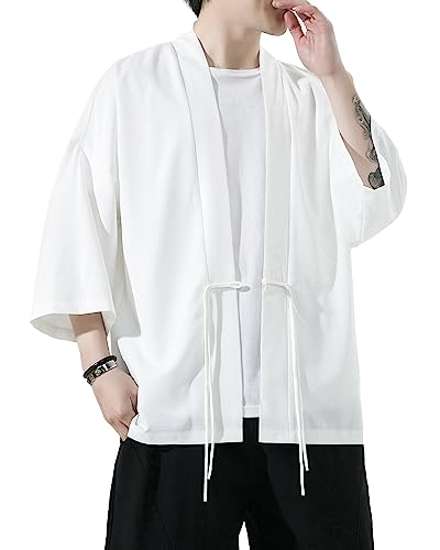Mens Kimono Cardigan Cotton Linen Japanese Shirt 3/4 Sleeve Haori Yukata - color: 36-beige, size: Small
