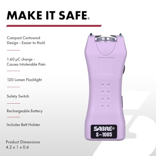 SABRE 2-in-1 Stun Gun and Flashlight and Belt Holster, Emits 1.60 Powerful Pain Inducing Microcoulombs (µC) Charge, 120 Lumen LED Flashlight, Rubberized Grip, Compact Design, Rechargeable - color: Lavender