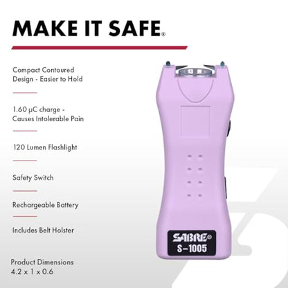 SABRE 2-in-1 Stun Gun and Flashlight and Belt Holster, Emits 1.60 Powerful Pain Inducing Microcoulombs (µC) Charge, 120 Lumen LED Flashlight, Rubberized Grip, Compact Design, Rechargeable - color: Lavender
