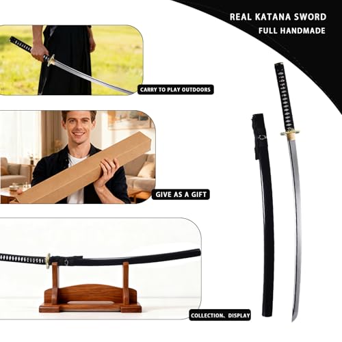 Handmade Sharp Katana, Traditional Clay Tempered 1060/9260/T10 Steel, Full Tang Real Katana Sword, Authentic Japanese Craft Samurai Sword - color: Black