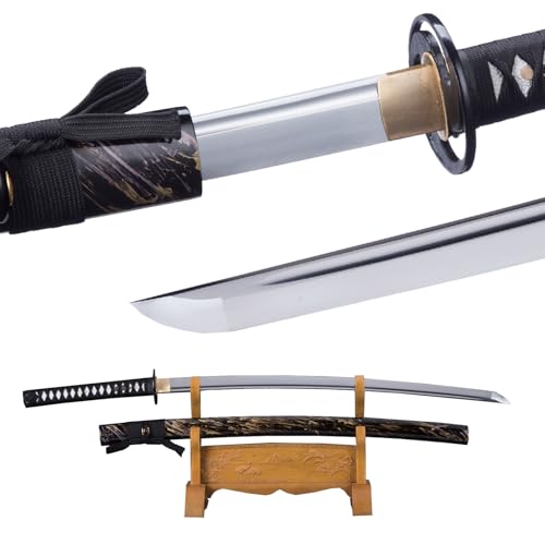 Katana Sword, Traditional Handmade Sword, Real 9260 Spring Steel Full Tang Katanas, Authentic Japanese Samurai Swords, for Practice, Training, Performance and Collection - color: Black