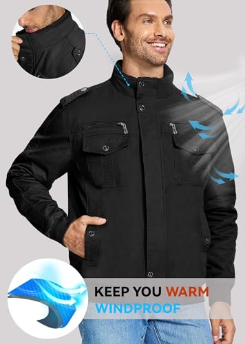 EKLENTSON Mens Winter Jacket with Multi Pockets Fleece Lined Military Coat - color: Black, size: XX-Large