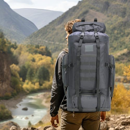 100L Hiking Camping Backpack MOLLE Rucksack Waterproof Daypack (Grey) - color: Grey