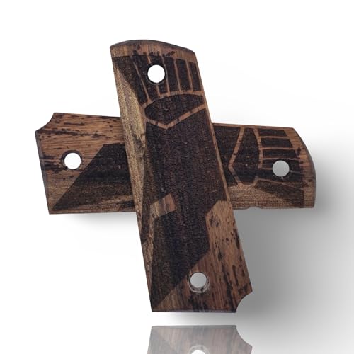 Art Series 1911 Pistol Grips – Handcrafted Walnut Wood Panels with Unique Engraved Designs | Oil Finish | Fits Full-Size 1911 Clones - color: Iron Sentinel