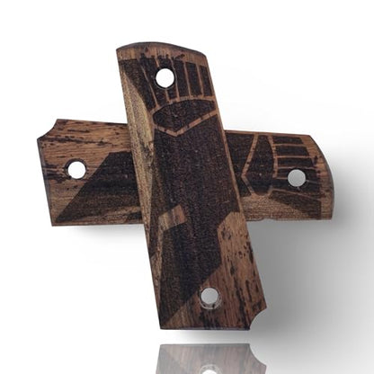 Art Series 1911 Pistol Grips – Handcrafted Walnut Wood Panels with Unique Engraved Designs | Oil Finish | Fits Full-Size 1911 Clones - color: Iron Sentinel