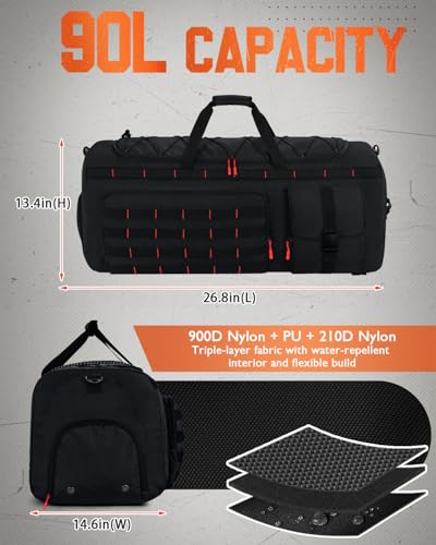 Gonex 90L Large Duffel Bag, Convertible Travel Sports Duffle - color: Black with Red Accents, size: 90L