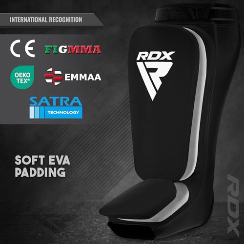 RDX Shin Guards Kickboxing Muay Thai, SATRA Approved, MMA Leg Instep Protection Pads, Sparring Training Martial Arts Boxing, Elasticated Padded Protector, Karate BJJ Taekwondo Gear, Men Women - color: Black, size: Medium