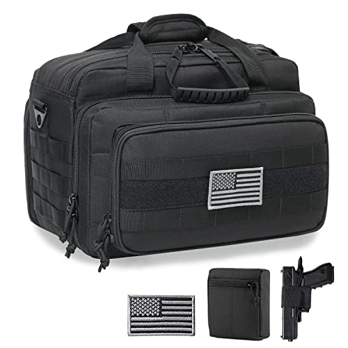 Gun Case Bag Deluxe Medium Size | Tactical 2~4 Pistol Bag Firearm Shooting Case with Lockable Zipper for Shooting Range Outdoor Hunting | US Flag Patch + MOLLE Pouch + Universal Holster Included - color: Black