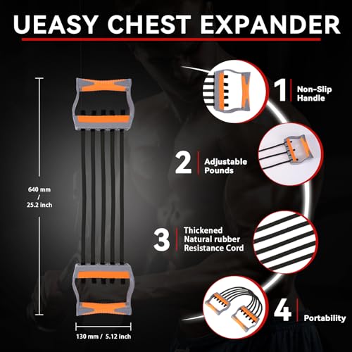 Adjustable Chest Expander with 5 Removable Tubes, 4 Resistance Levels Forearm Strengthener Arm Trainer for Chest Back Shoulder Muscles, Home Gym Upper Body Workout Equipment for Men Women