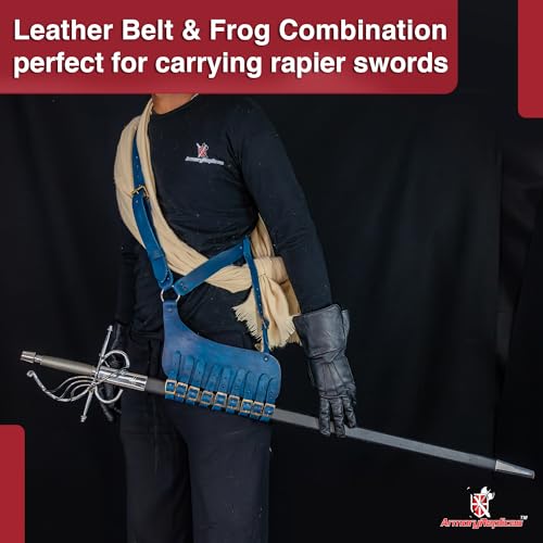 Armory Replicas Handcrafted Rigid Nature Right-Handed Leather Rapier Sword Frog Belt with Adjustable Fit - color: Blue