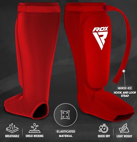 RDX Shin Guards Kickboxing Muay Thai, SATRA Approved, MMA Leg Instep Protection Pads, Sparring Training Martial Arts Boxing, Elasticated Padded Protector, Karate BJJ Taekwondo Gear, Men Women - color: Red White, size: X-Large
