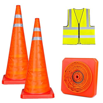 18 Inch 2 Pack Traffic Cones, Collapsible Safety Cones,Multi Purpose Pop-up Cones with Reflective Collar, Include Reflective Vest,Orange Cones for Parking lot, Driveway, Driving Training etc - size: 18Inch