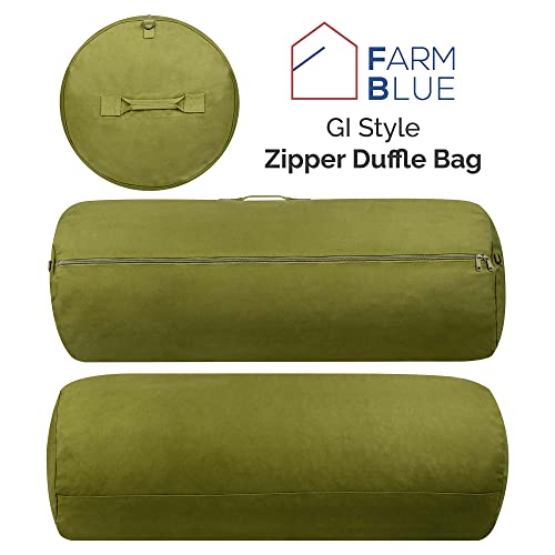 Farm Blue GI Style Zipper Duffle Bag Heavy Duty Army Duffle Bags - Military Grade Cotton Canvas Duffel Bag - Reinforced Camping Bag - Strong Zipper & Center Grab Handle (Olive Drab, X-Large) - color: OD Green, size: XL