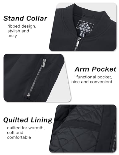 MAGCOMSEN Men's Bomber Jacket Casual Windproof Quilted Jacket Full Zip Windbreaker Winter Warm Varsity Jacket with Pockets - color: Black, size: Large