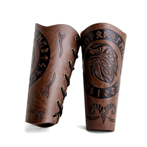 Leather Bracers for Men - Viking Embossed Medieval Arm Archery Guard Gauntlet Costumes - color: Hbr060-eagle Brown