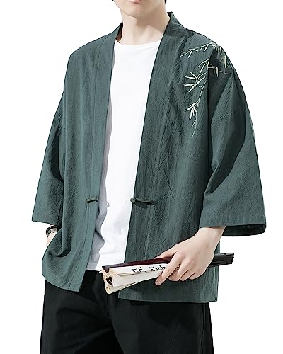 Mens Kimono Cardigan Cotton Linen Japanese Shirt 3/4 Sleeve Haori Yukata - color: 35-green, size: Small