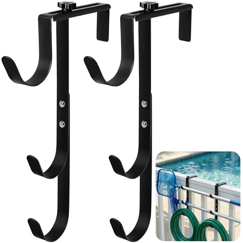 2 Pcs Black Pool Fence Hooks for Pool Equipment, Adjustable Pool Pole Hanger Holder, Rustproof Swimming Pools Skimmer Pole Hooks for Hanging Tool, Hose, Leaf Rakes, Nets Pool-Accessories (Black) - color: Black-3Hooks