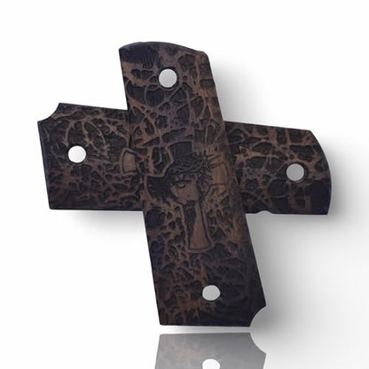 Art Series 1911 Pistol Grips – Handcrafted Walnut Wood Panels with Unique Engraved Designs | Oil Finish | Fits Full-Size 1911 Clones - color: Mystic Cross