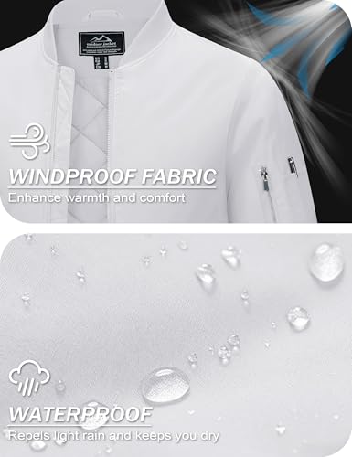 MAGCOMSEN Men's Bomber Jacket Casual Windproof Quilted Jacket Full Zip Windbreaker Winter Warm Varsity Jacket with Pockets - color: White, size: Small