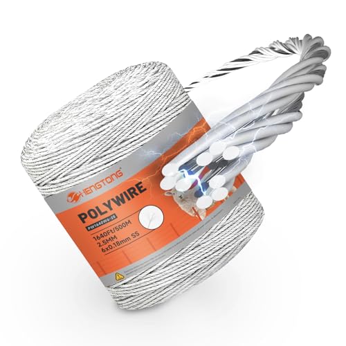Electric Fence Polywire 1640ft (500m), 6-Strand Stainless Steel Conductors, Rust & UV Resistant, Portable Electric Fencing, High Conductivity, White - size: 1640ft