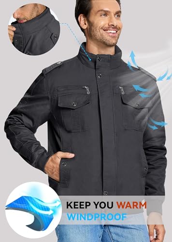 EKLENTSON Mens Winter Jacket with Multi Pockets Fleece Lined Military Coat - color: Dark Gery, size: Large