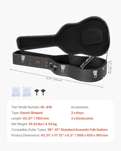VEVOR Acoustic Guitar Hard Case, 43.31 in Gourd-Shaped Guitar Hard Case, With Lock Latch Key Handle, PVC Padding Soft Lining Water-Resistant Hard Shell Guitar Case, for 39-41 in Acoustic Guitar, Black - size: 43.3 inch(case size)