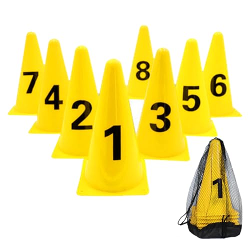 9 Inch Plastic Traffic Marker Cones with Numbers 8 Pack Agility Sign Cones Soccer Cones for Sport Training - color: Yellow