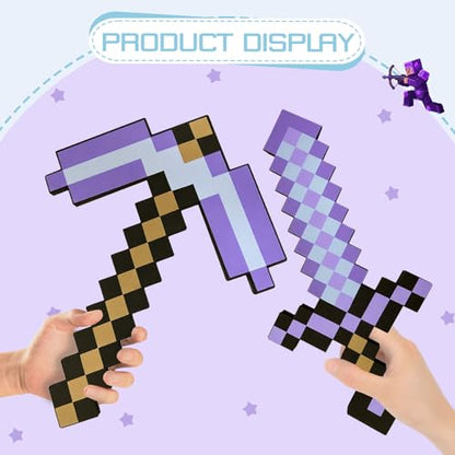 QRT Foam Sword and Pickaxe Set Kids Role Play Toys for Halloween, Cosplay Video Game Parties (Purple Pickaxe Sword) - color: Purple