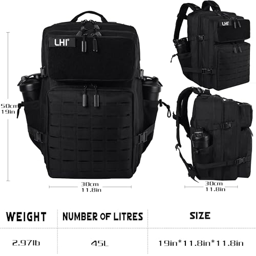 LHI Tactical Military Backpack for Men 25L/45L Large Molle Army Assault Pack 3 Day Hiking Rucksack With Bottle Holder - color: All Black, size: 45L