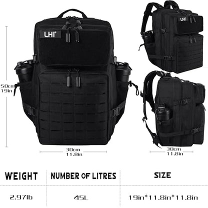 LHI Tactical Military Backpack for Men 25L/45L Large Molle Army Assault Pack 3 Day Hiking Rucksack With Bottle Holder - color: All Black, size: 45L