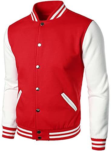 HOOD CREW Man’s Varsity Jacket Cotton Blend Letterman Jackets - color: Red, size: Medium