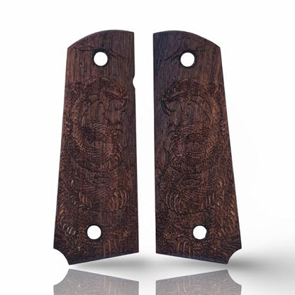 Art Series 1911 Pistol Grips – Handcrafted Walnut Wood Panels with Unique Engraved Designs | Oil Finish | Fits Full-Size 1911 Clones - color: Shadow Dragon
