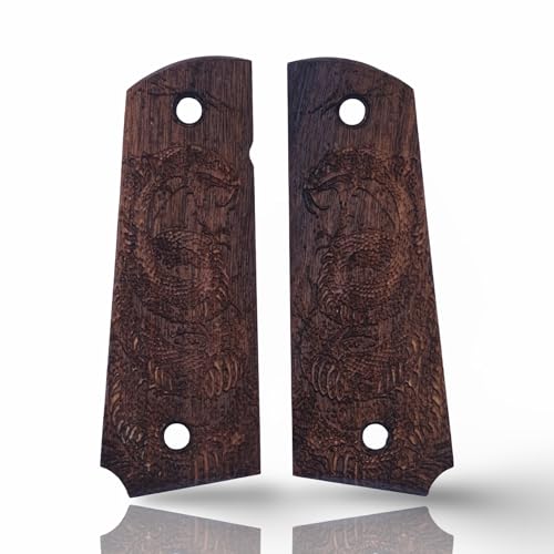 Art Series 1911 Pistol Grips – Handcrafted Walnut Wood Panels with Unique Engraved Designs | Oil Finish | Fits Full-Size 1911 Clones - color: Shadow Dragon